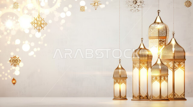 خلفيات وديكورات رمضانية إسلامية، فوانيس معدنية مضيئة باللون الذهبي، الاحتفال بقدوم شهر رمضان المبارك، تصميم للتهنئة بالشهر الفضيل، خلفية بيضاء 