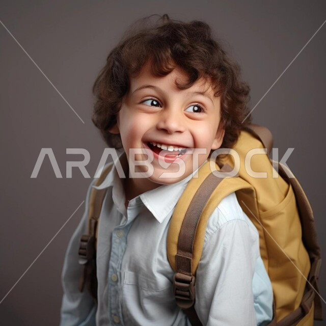 Preparing to go to school, education in the Kingdom of Saudi Arabia, welcoming the new school year with enthusiasm, close-up portrait of a Saudi Gulf Arab boy carrying a school backpack and looking at the camera with a smile, brown background