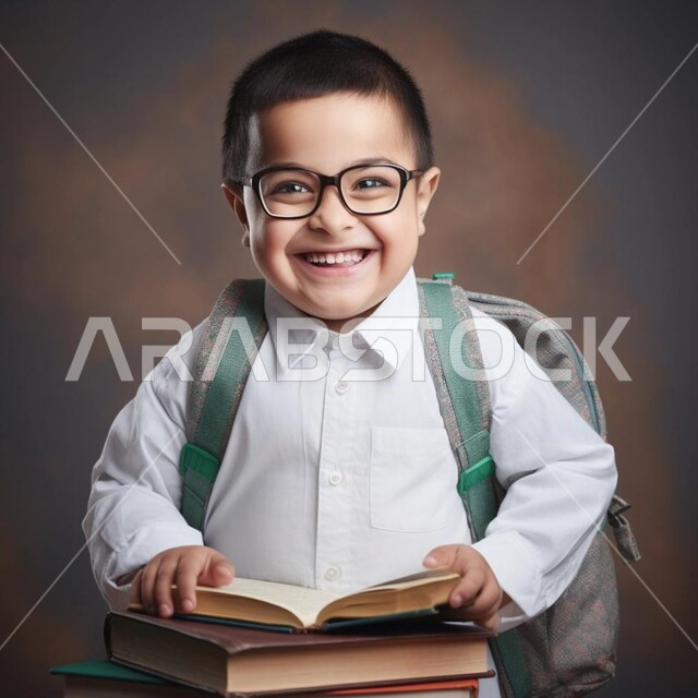 Education in the Kingdom of Saudi Arabia, preparing to go to school, preparing for the start of the new school year, close-up portrait of a Saudi Gulf Arab student holding a book in his hand and carrying a school backpack, brown background