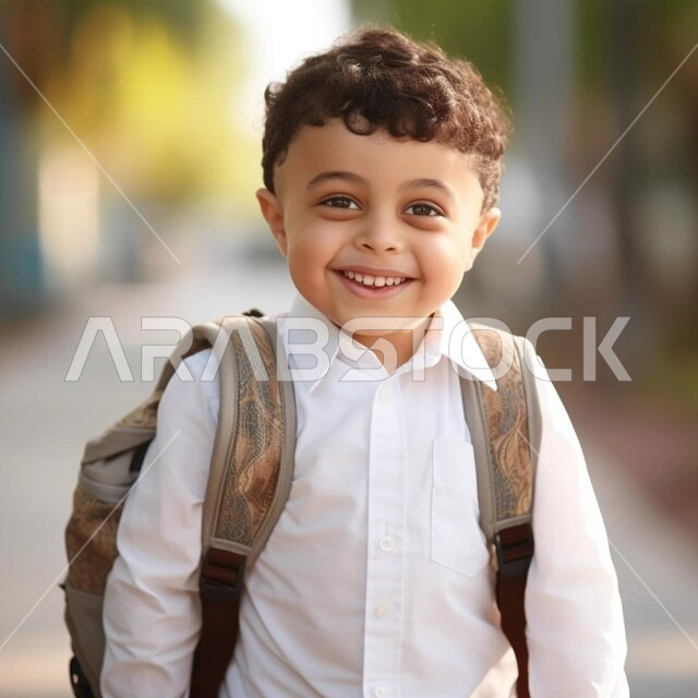 The start of the school year in Saudi schools, looking at the camera with gestures of enthusiasm and pleasure, the quality of teaching and learning in the Kingdom, a close-up photo of a Saudi Gulf Arab student carrying a school backpack, returning to the classroom