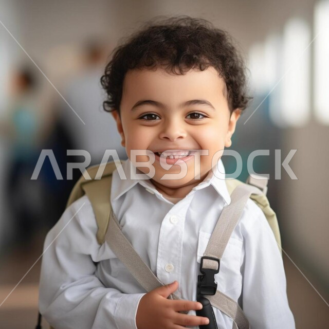 العودة الى الفصل الدراسي ، النظر الى الكاميرا بايماءات الحماس والسرور، جودة التعليم والتعلم في المملكة، صورة مقربة لتلميذ عربي خليجي سعودي يحمل حقيبة الظهر المدرسية، بداية العام الدراسي  في المدارس السعودية