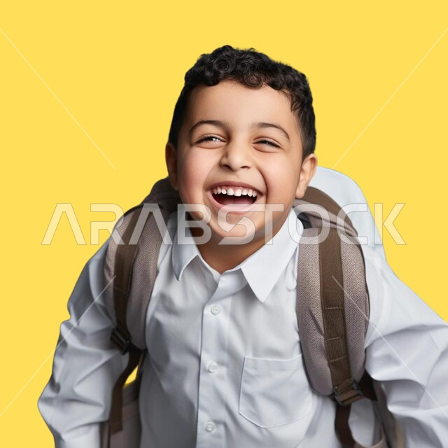 النظر الى الكاميرا بايماءات الحماس والسرور، جودة التعليم والتعلم في المملكة، بداية العام الدراسي  في المدارس السعودية، بورتريه مقرب لتلميذ عربي خليجي سعودي يحمل حقيبة الظهر المدرسية، العودة الى الفصل الدراسي، خلفية صفراء