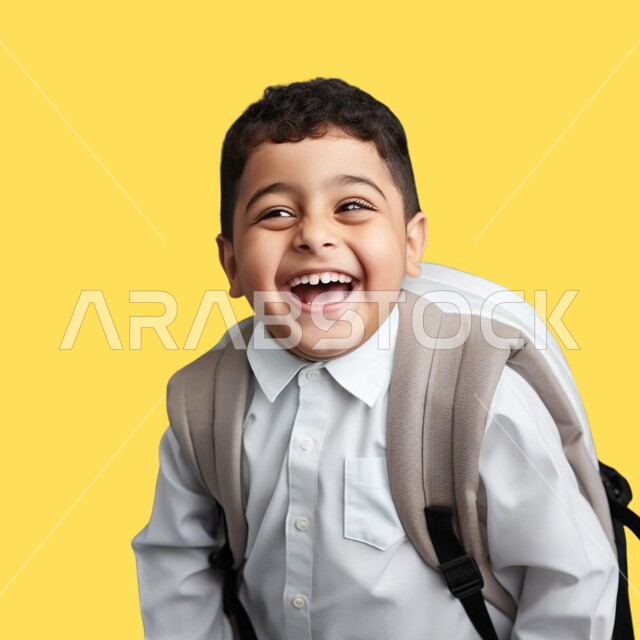 The quality of education and learning in the Kingdom, looking at the camera with gestures of enthusiasm and pleasure, the beginning of the school year in Saudi schools, a close-up portrait of a Saudi Gulf Arab student carrying a school backpack, returning to the classroom, yellow background