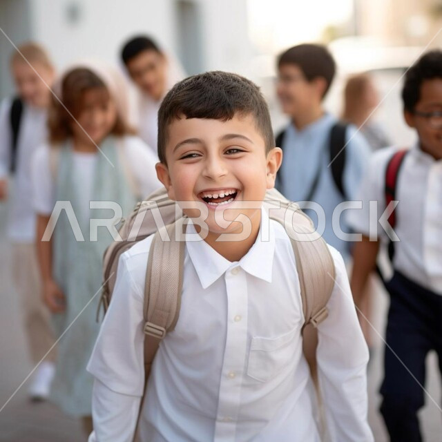 عودة العام الدراسي الجديد في المملكة، المثابرة والتفوق من أجل الوصول للمراتب العليا، صورة مقربة لولد عربي خليجي سعودي يقف في المدرسة ويحمل حقيبة الظهر المدرسية، تقدم المناهج التعليمية في السعودية