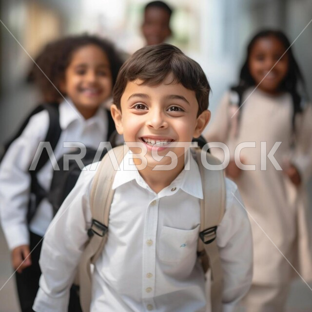 المثابرة والتفوق من أجل الوصول للمراتب العليا، تقدم المناهج التعليمية في السعودية، صورة مقربة لولد عربي خليجي سعودي يقف في المدرسة ويحمل حقيبة الظهر المدرسية، عودة العام الدراسي الجديد في المملكة