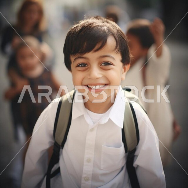 التفوق والمثابرة من أجل الوصول للمراتب العليا، تقدم المناهج التعليمية في السعودية، صورة مقربة لولد عربي خليجي سعودي يقف في المدرسة ويحمل حقيبة الظهر المدرسية، عودة العام الدراسي الجديد في المملكة
