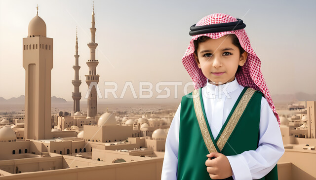 الاهتمام بالمظهر الخارجي للأولاد، الوقوف بثقة والنظر إلى الكاميرا, صورة مقربة لولد عربي خليجي سعودي مبتسم يرتدي الزي التقليدي, ارتداء الأزياء الشعبية, مفهوم البراءة والطفولة، خلفية مسجد اسلامي 