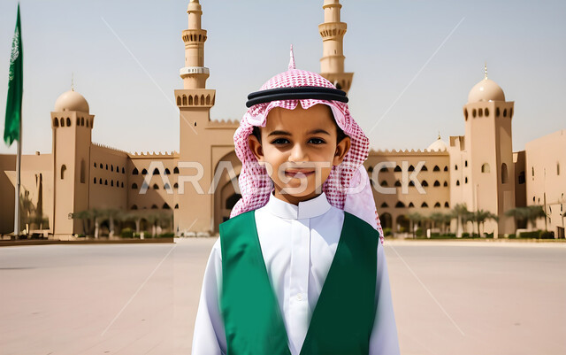 الاهتمام بالمظهر الخارجي للأولاد، الوقوف بثقة والنظر إلى الكاميرا, صورة مقربة لولد عربي خليجي سعودي مبتسم يرتدي الزي التقليدي, ارتداء الأزياء الشعبية, مفهوم البراءة والطفولة، خلفية مسجد اسلامي 