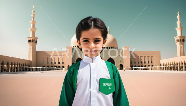 ارتداء الأزياء الشعبية, الاهتمام بالمظهر الخارجي للأولاد، الوقوف بثقة والنظر إلى الكاميرا, صورة مقربة لولد عربي خليجي سعودي مبتسم يرتدي الزي التقليدي, مفهوم البراءة والطفولة، خلفية مسجد اسلامي 