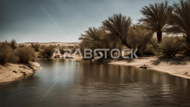 بحيرة مائية وسط الصحراء محاطة بالشجيرات الخضراء، البيئة الرملية الناعمة والطبيعة الجافة القاحلة، نباتات برية صحراوية في البراري السعودية