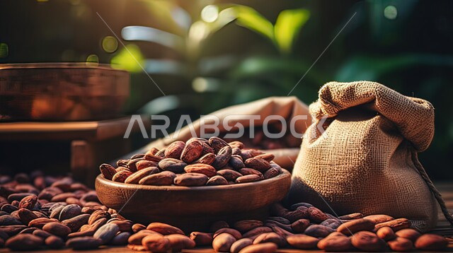بذور الكاكاو الداكنة، منتجات وطنية محلية، كيس من القماش يحتوي على حبوب الكاكاو الطازجة على طاولة خشبية، المواد الخام والأولية في صناعة الشوكولا
