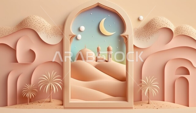 التلال والكثبان الرملية في المناطق الصحراوية، الاستعداد لاستقبال شهر الخير، العبادة والتقرب الى الله تعالى، مجسم ثلاثي الأبعاد لتحف وزينة شهر رمضان المبارك، أجواء رمضانية روحانية، مناسبات و أعياد دينية، خلفية اسلامية مزخرفة