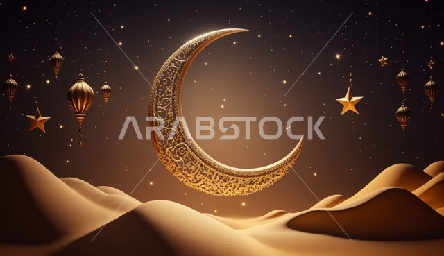 مجسم ثلاثي الأبعاد لهلال شهر رمضان المبارك، خلفية اسلامية مزخرفة، التلال والكثبان الرملية في المناطق الصحراوية، الاستعداد لاستقبال شهر الخير، العبادة والتقرب الى الله تعالى، أجواء رمضانية روحانية، مناسبات و أعياد دينية