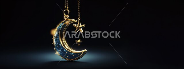 العبادة والتقرب الى الله تعالى، خلفية اسلامية مزخرفة، الاستعداد لاستقبال شهر الخير، مناسبات وأعياد دينية، أجواء رمضانية روحانية، مجسم ثلاثي الأبعاد لهلال وزينة شهر رمضان المبارك، خلفية سوداء