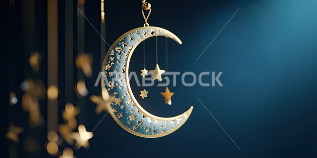 مناسبات وأعياد دينية، أجواء رمضانية روحانية، مجسم ثلاثي الأبعاد لهلال وزينة شهر رمضان المبارك، خلفية اسلامية مزخرفة، الاستعداد لاستقبال شهر الخير، العبادة والتقرب الى الله تعالى، خلفية زرقاء