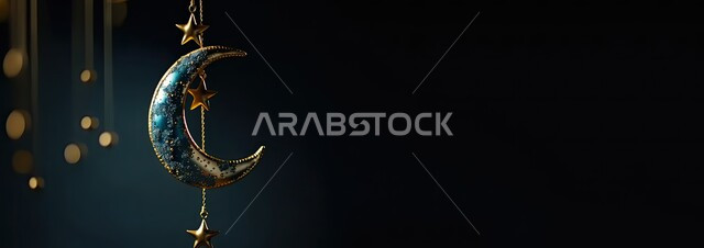 الاستعداد لاستقبال شهر الخير، مناسبات وأعياد دينية، أجواء رمضانية روحانية، مجسم ثلاثي الأبعاد لهلال وزينة شهر رمضان المبارك، خلفية اسلامية مزخرفة، العبادة والتقرب الى الله تعالى، خلفية سوداء