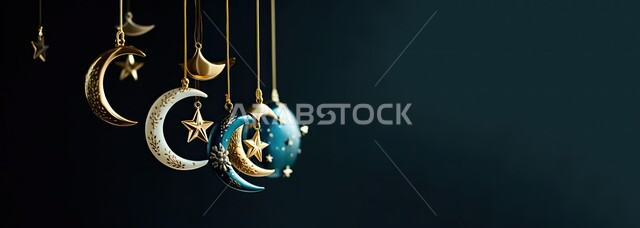 أجواء رمضانية روحانية، مجسم ثلاثي الأبعاد لهلال وزينة شهر رمضان المبارك، خلفية اسلامية مزخرفة، الاستعداد لاستقبال شهر الخير، العبادة والتقرب الى الله تعالى، مناسبات و أعياد دينية، خلفية زرقاء