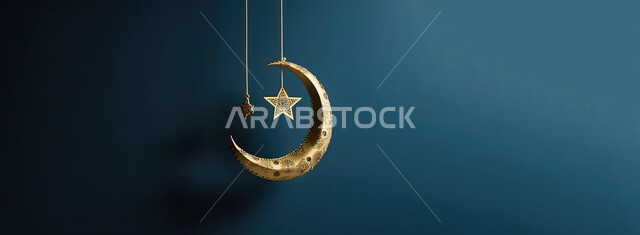 مجسم ثلاثي الأبعاد لهلال وزينة شهر رمضان المبارك، خلفية اسلامية مزخرفة، الاستعداد لاستقبال شهر الخير، العبادة والتقرب الى الله تعالى، أجواء رمضانية روحانية، مناسبات و أعياد دينية، خلفية زرقاء