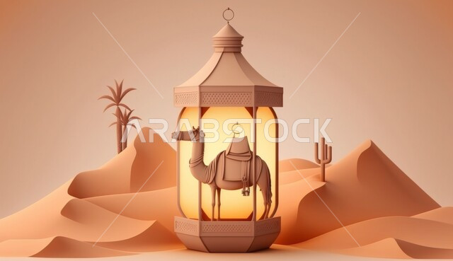 A 3D model of a camel inside a traditional metal lamp, a spiritual Ramadan atmosphere, hills and sand dunes in desert areas, worship and getting closer to God Almighty, a decorated Islamic background, preparing to welcome the month of goodness, a lantern and decorations for the holy month of Ramadan, a beige background