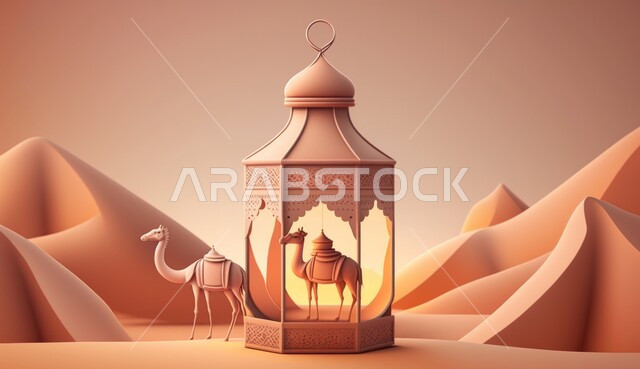 فانوس وزينة شهر رمضان المبارك، مجسم ثلاثي الأبعاد لجمل بداخل مصباح تقليدي معدني، أجواء رمضانية روحانية، التلال والكثبان الرملية في المناطق الصحراوية، العبادة والتقرب الى الله تعالى، خلفية اسلامية مزخرفة، الاستعداد لاستقبال شهر الخير، خلفية بيج