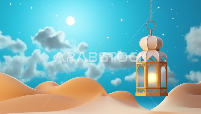 أجواء رمضانية روحانية، التلال والكثبان الرملية في المناطق الصحراوية، العبادة والتقرب الى الله تعالى، خلفية اسلامية مزخرفة، الاستعداد لاستقبال شهر الخير، مناسبات وأعياد دينية، مجسم ثلاثي الأبعاد لمصباح تقليدي معدني، فانوس وزينة شهر رمضان المبارك، خلفية السماء