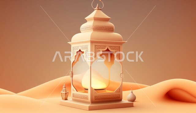 التلال والكثبان الرملية في المناطق الصحراوية، العبادة والتقرب الى الله تعالى، خلفية اسلامية مزخرفة، الاستعداد لاستقبال شهر الخير، مناسبات وأعياد دينية، أجواء رمضانية روحانية، مجسم ثلاثي الأبعاد لمصباح تقليدي معدني، فانوس وزينة شهر رمضان المبارك، خلفية بيج