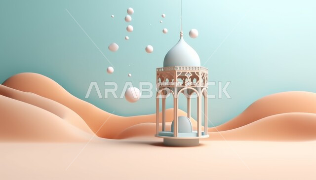 مناسبات وأعياد دينية، العبادة والتقرب الى الله تعالى، أجواء رمضانية روحانية، خلفية اسلامية مزخرفة، الاستعداد لاستقبال شهر الخير، مجسم ثلاثي الأبعاد لمصباح تقليدي معدني، فانوس وزينة شهر رمضان المبارك، التلال والكثبان الرملية في المناطق الصحراوية، خلفية زرقاء
