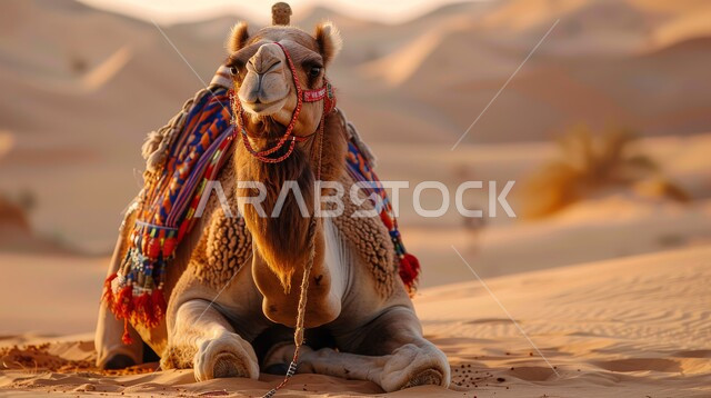 حيوان الجمل في الصحراء يجلس على الرمال الذهبية الناعمة، محميات طبيعية برية للعناية بالجمال، المناظر الطبيعية في المناطق الصحراوية بالمملكة العربية السعودية
