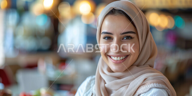 The concept of femininity and softness, elegance and attention to external appearance, a close-up image of a smiling veiled Arab Gulf Emirati woman looking at the camera with gestures of happiness and pleasure, sophisticated modern veiled fashion.
