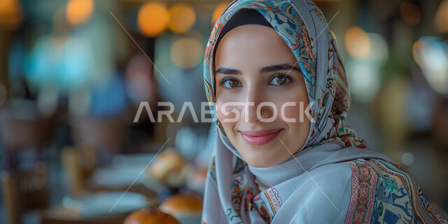 Modern, sophisticated veiled fashion, elegance and attention to external appearance, the concept of femininity and softness, a close-up photo of a smiling veiled Arab Gulf Emirati woman looking at the camera with gestures of self-confidence.