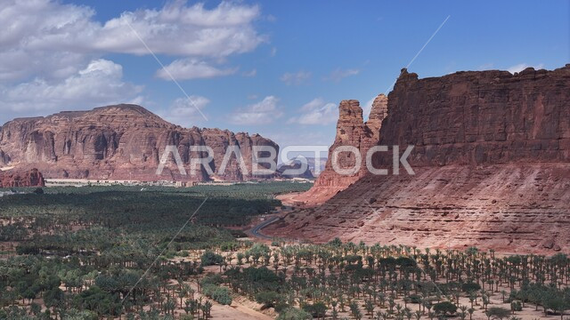 Historical archaeological monuments, natural rock formations and formations in the city of Al-Ula in the Kingdom of Saudi Arabia, natural mountains in desert areas, cities and tourist places.