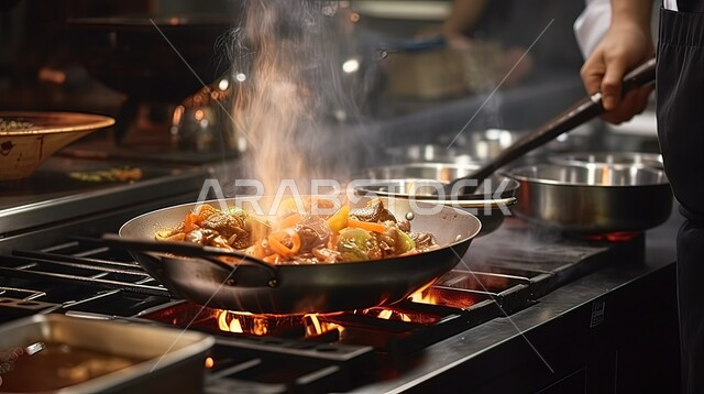 اعداد وتحضير الطعام في مطابخ و مطاعم المملكة العربية السعودية، صورة مقربة لأيدي شيف عربي خليجي سعودي يقوم بطهي اللحم مع الخضار في المقلاة على موقد الغاز، أطعمة ومأكولات شرقية لذيذة، وجبة ذات قيمة غذائية عالية