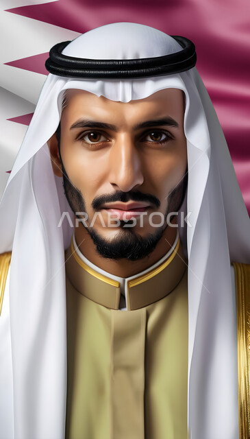 التحديق والتأمل وشرود الذهن, العناية والاهتمام بالمظهر الخارجي، صورة مقربة لشاب عربي خليجي قطري وسيم يرتدي الغترة والثوب التقليدي ينظر إلى الكاميرا ما بإيماءات الجدية والثقة بالنفس، مفهوم الأناقة والرجولة، خلفية العلم القطري