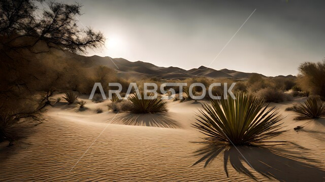 البيئة الرملية الناعمة، الأشجار والنباتات البرية الصحراوية في البراري، الطبيعة الجافة القاحلة في الصحراء المملكة العربية السعودية
