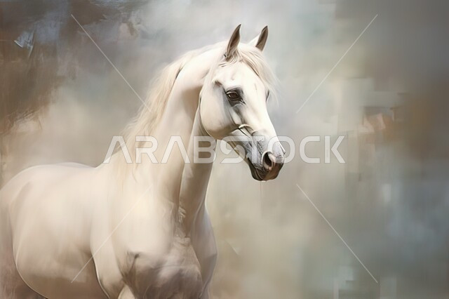 الاهتمام والعناية بالحيوانات، تربية وتدريب الخيول في المملكة العربية السعودية، صورة مقربة لفرس عربي أبيض أصيل يجري في مياه البحر، خلفية بيضاء