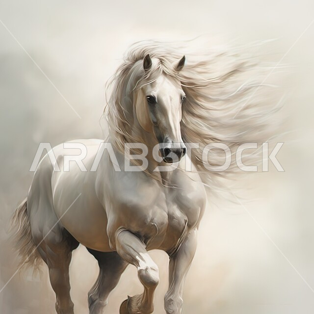 تربية وتدريب الخيول في المملكة العربية السعودية، فرس عربي أبيض أصيل يجري في مياه البحر، الاهتمام والعناية بالحيوانات، خلفية بيضاء