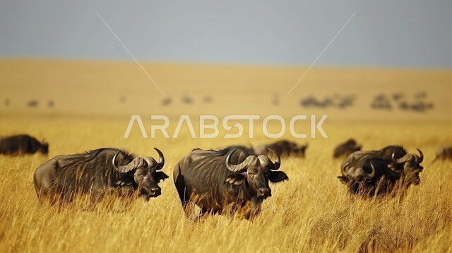 A herd of Cape Buffalo grazing in the wild, a group of African buffalo, raising livestock in natural reserves, natural scenes in the regions of the Kingdom of Saudi Arabia