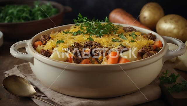 طبق مغذي من اللحم المفروم والخضار المطهية، وجبة غذائية غنية بالبروتين، فنون تقديم الطعام في مطابخ ومطاعم المملكة العربية السعودية، مأكولات وأطعمة شرقية لذيذة