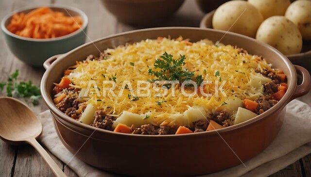 Artistic methods of serving food in restaurants and kitchens in the Kingdom of Saudi Arabia, a nutritious dish of minced meat and cooked vegetables, a nutritional meal rich in protein, delicious oriental foods and foods.