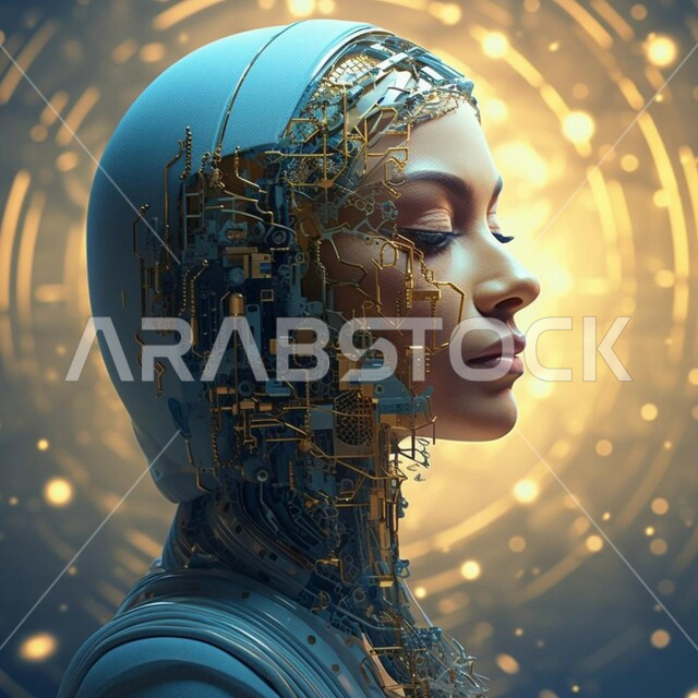 وجه سيده مدمج مع دوائر إلكترونية  ، بورتريه مقرب من الجانب لامرأه  مسلمه محجبه عربيه سعوديه خليجيه تمثل الذكاء الاصطناعي ،  تقدم التقنيه والتكنولوجيا الحديثه
