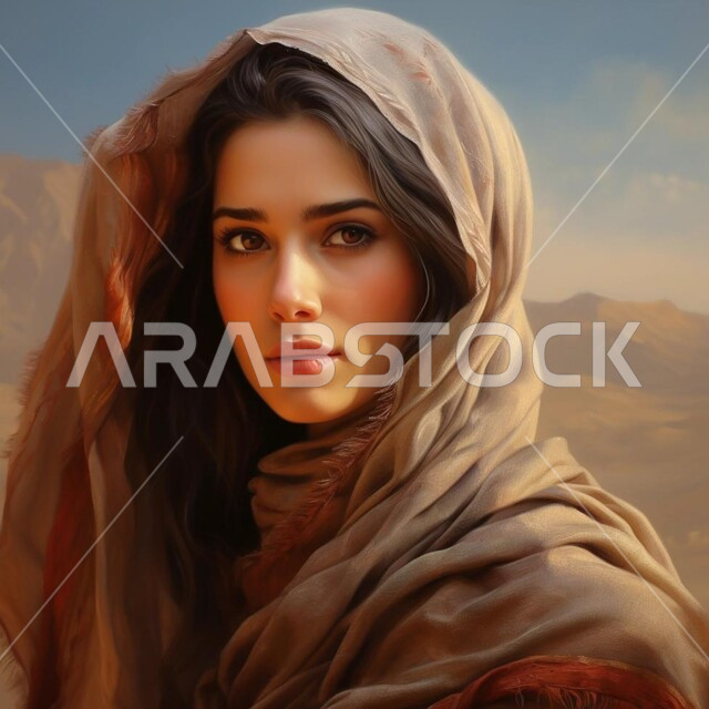  مهارة وهواية فن الرسم والتلوين بالالوان الزيتية، الفنون العربيه الاصيله ، لوحة فنية لامرأة محجبة بملامح الأنوثة والنعومة، الرسوم التوضيحية الفنية 