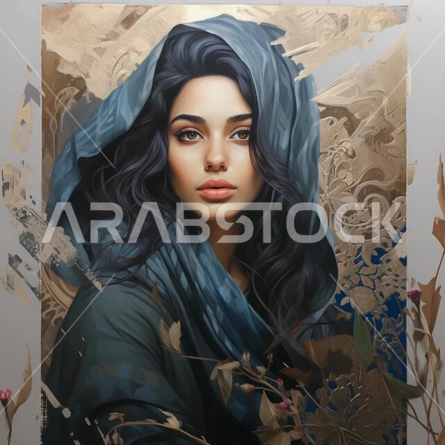  الفنون العربيه الاصيله ، مهارة وهواية فن الرسم والتلوين بالالوان الزيتية، لوحة فنية لامرأة محجبة بملامح الأنوثة والنعومة، الرسوم التوضيحية الفنية 