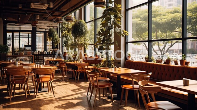 الديكورات والتصاميم الداخلية للكافيهات والمطاعم، أثاث داخلي لمطعم على الطراز الحديث في المملكة العربية السعودية، النوافذ والواجهات الزجاجية، استخدام النباتات الخضراء للزينة