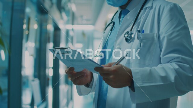 قراءة التحاليل والتقارير الطبية، صورة مقربة لطبيب عربي خليجي سعودي يرتدي المعطف الأبيض وسماعات نبضات القلب يحمل بيده أوراق وملفات، العمل في القطاع الصحي في المملكة العربية السعودية، تقديم الرعاية الصحية للمرضى
