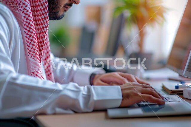 دمج التقنية والتكنولوجيا مع الحياة العملية, بيئة العمل المريحة في الشركات السعودية, مهن ووظائف مكتبية, صورة مقربة لرجل عربي خليجي سعودي يرتدي الشماغ والثوب التقليدي ينظر إلى الكاميرا يقوم باستخدام الحاسب المحمول, إدارة وتنظيم الأعمال ضمن مقر الشركة