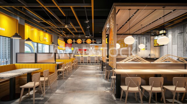  الديكورات والتصاميم الداخلية للكافيهات والمطاعم، صالة مطعم ومقهى بديكورات وألوان جذابة، أثاث داخلي راقي لمطعم على الطراز الحديث في المملكة العربية السعودية