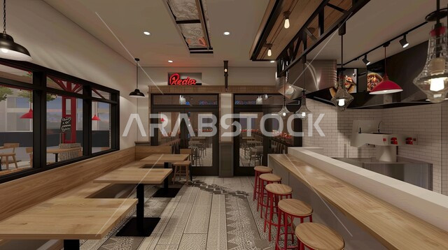 صالة مطعم ومقهى بديكورات وألوان جذابة، أثاث داخلي راقي لمطعم على الطراز الحديث في المملكة العربية السعودية، الديكورات والتصاميم الداخلية للكافيهات والمطاعم