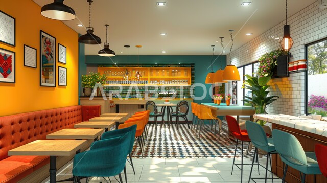  الديكورات والتصاميم الداخلية للكافيهات والمطاعم، صالة مطعم ومقهى بديكورات وألوان جذابة، أثاث داخلي راقي لمطعم على الطراز الحديث في المملكة العربية السعودية