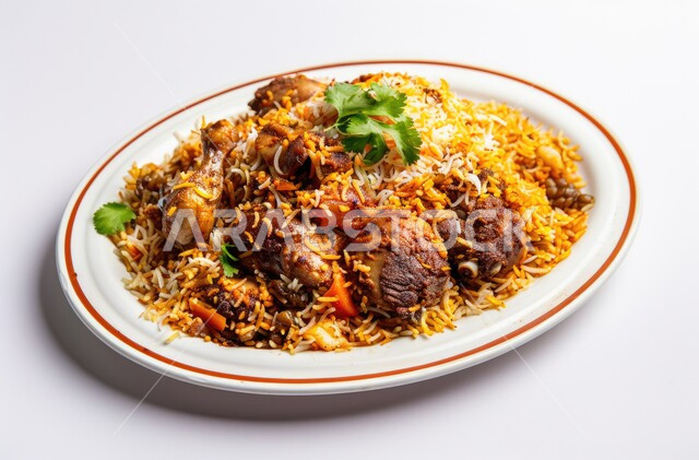  صحن من رز الكبسة، فنون تقديم الطعام في المطاعم الشرقية، مأكولات وأطباق عربية تقليدية، صورة مقربة لطبق من أرز البرياني مع قطع من الدجاج الطازج الطهي، وصفات الطعام الصحية الشهية، خلفية بيضاء