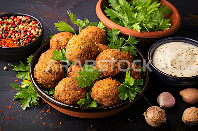 طبق من اقراص الفلافل مع الخضروات الطازجة، المطاعم العربية التقليدية في المملكة العربية السعودية، مطاعم للمأكولات العربية الشرقية، وجبات الطعام الشهية، طبق افطار شهي
